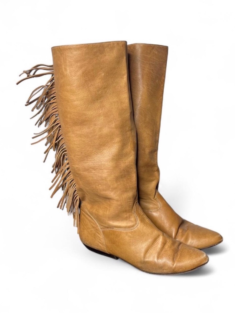 Vintage Zodiac Camel Brown Leather Fringe Trim Tall Boots Western Boho Cowgirl